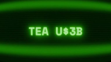 Old green CRT screen showing text TEA TIME appearing in random glitch and coding style