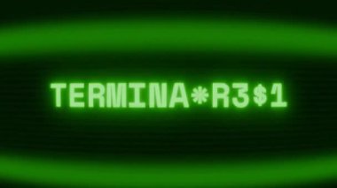 Old green CRT screen showing text TERMINATE... appearing in random glitch and coding style