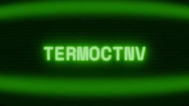 Old green CRT screen showing text TERMINATE appearing in random glitch and coding style
