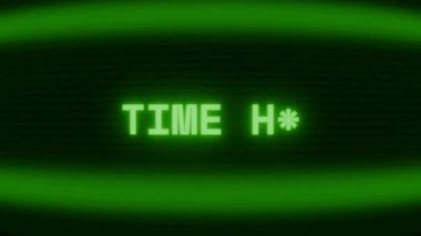 Old green CRT screen showing text TIME UP appearing in random glitch and coding style