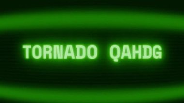 Old green CRT screen showing text TORNADO ALERT appearing in random glitch and coding style