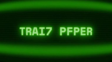 Old green CRT screen showing text TRAIN TRACK appearing in random glitch and coding style