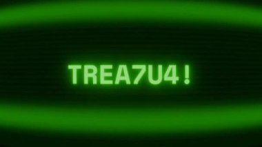 Old green CRT screen showing text TREASURE appearing in random glitch and coding style
