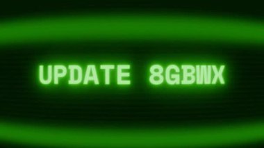 Old green CRT screen showing text UPDATE START appearing in random glitch and coding style