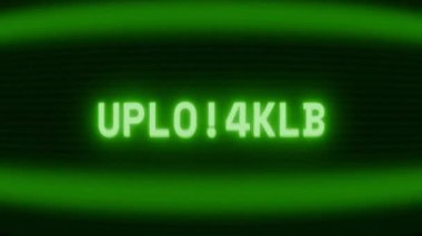 Old green CRT screen showing text UPLOADING appearing in random glitch and coding style