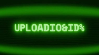Old green CRT screen showing text UPLOADING... appearing in random glitch and coding style