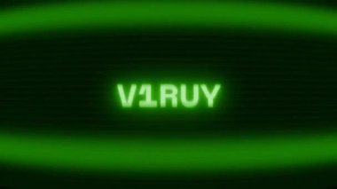 Old green CRT screen showing text V1RUS appearing in random glitch and coding style