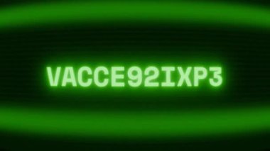 Old green CRT screen showing text VACCINATION appearing in random glitch and coding style