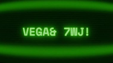 Old green CRT screen showing text VEGAN MEAL appearing in random glitch and coding style