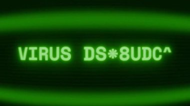 Old green CRT screen showing text VIRUS DETECTED appearing in random glitch and coding style