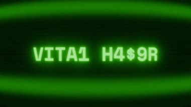 Old green CRT screen showing text VITAL SIGNS appearing in random glitch and coding style