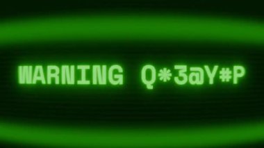 Old green CRT screen showing text WARNING MESSAGE appearing in random glitch and coding style