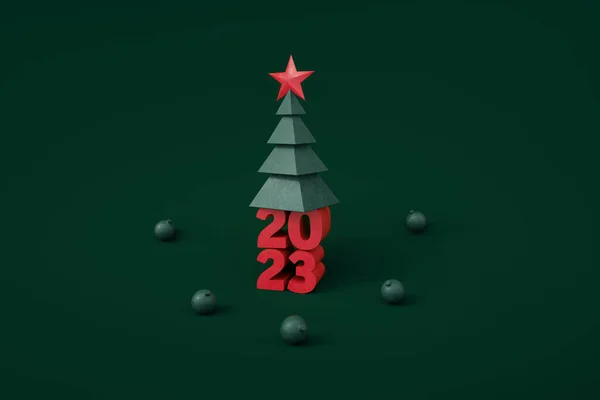 緑の背景の上のクリスマスツリー3Dレンダリング 2023ギフトカード — ストック写真