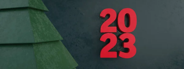 2023暗い緑の背景に新年のギフトカード3Dレンダリング パノラマ画像 — ストック写真