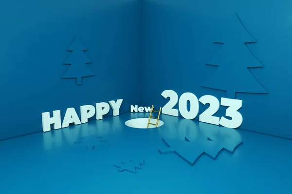 Szczęśliwy Nowy Napis 2023 Niebieskim Tle Renderowania — Zdjęcie stockowe