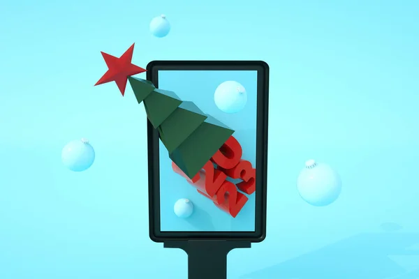 グリーティングカードハッピーニューイヤー2023 青の背景にクリスマスツリーを持つ看板 3Dレンダリング — ストック写真