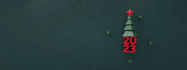緑の背景の上のクリスマスツリー3Dレンダリング 2023ギフトカード パノラマレイアウト — ストック写真