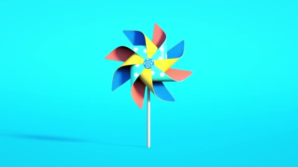 シームレス3Dアニメーション 青色の背景にループで回転する多色のピンホイール — ストック動画