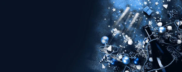 Christmas New Year Celebration Concept Champagne Bottle Glasses Dark Background — Stock Photo, Image