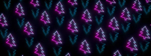 Neon Vánoční Stromky Vzor Vykreslení Panoramatický Obraz Happy New Year — Stock fotografie