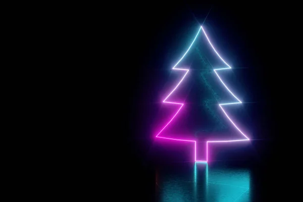 Siyah Zemin Üzerinde Neon Noel Ağacı Görüntüleme Mutlu Yıllar Konsepti — Stok fotoğraf