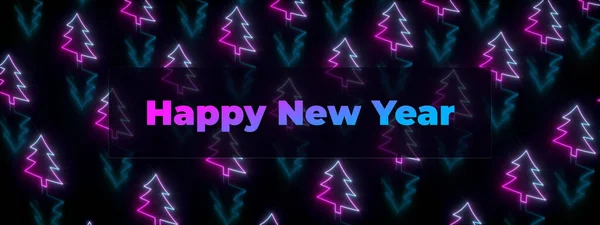 Happy New Year Inscription Neon Pattern Christmas Trees Render Panoramic — Stock Photo, Image