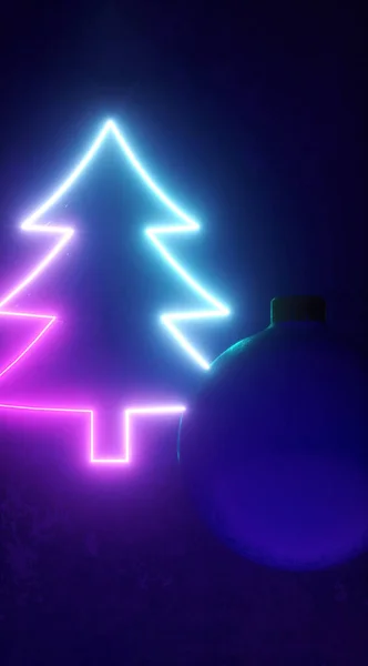 クリスマスボールとネオンクリスマスツリー 3Dレンダリング ハッピーニューイヤー垂直背景 — ストック写真