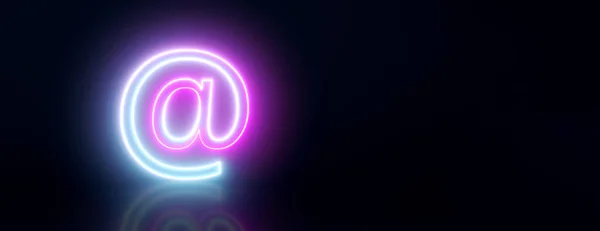 neon email address symbol, 3d render, panoramic layout