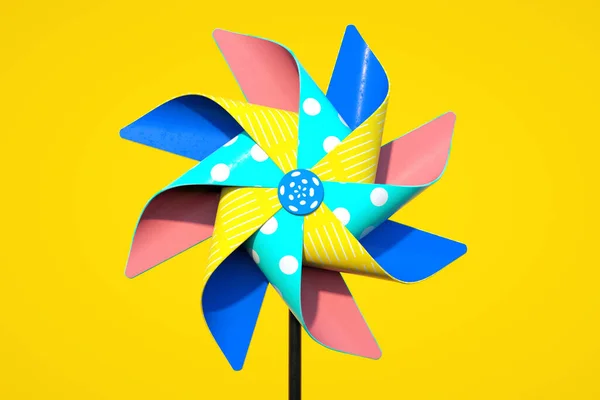 Pinwheel Colorido Sobre Fundo Amarelo Renderização — Fotografia de Stock
