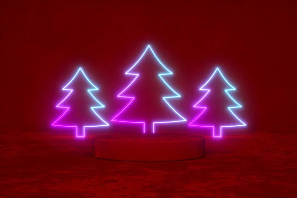 Mockup Podyum Yakınlarındaki Neon Noel Ağaçları Görüntüleme — Stok fotoğraf