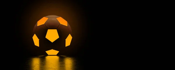 Pallone Calcio Con Luci Neon Luminose Arancioni Sfondo Scuro Rendering — Foto Stock