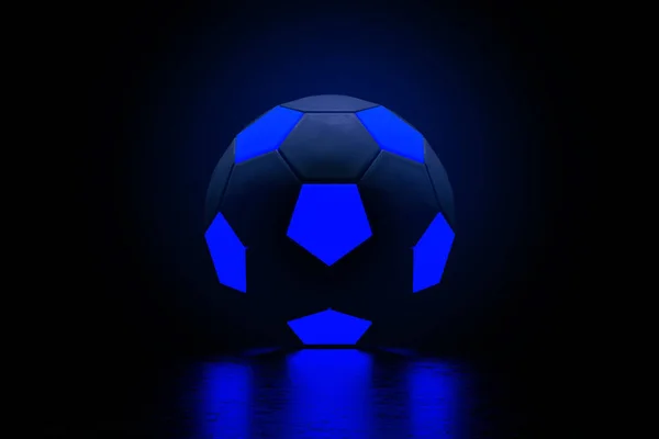 Soccer ball with blue glowing neon lights over dark background, 3d render
