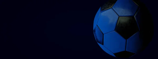 暗い背景 3Dレンダリング パノラマレイアウト上のサッカーボール — ストック写真