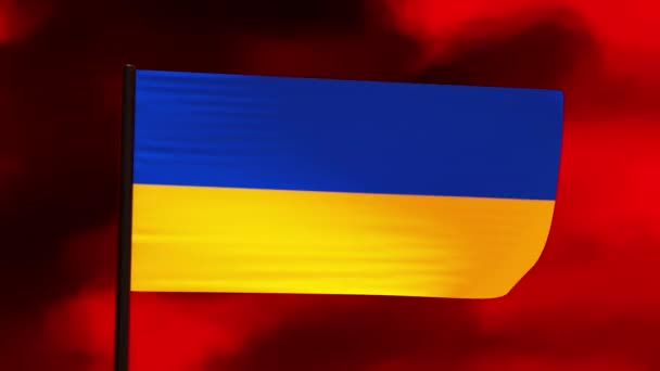 Animación Bandera Ucrania Azul Amarillo Ondeando Viento Sobre Cielo Rojo — Vídeos de Stock