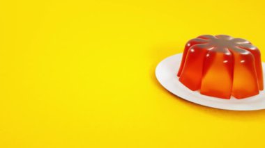 Kırmızı Jöleli Puding 3 boyutlu animasyon. Döngülü. Sarı arka plan. 4K çözünürlüğü.