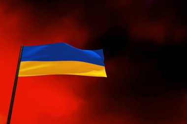 Ukrayna bayrağı kanlı gökyüzünün arkasında, 3D render, savaşı durdurun