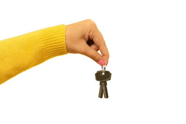 Female Hand Holding House Keys Suggesting Isolated White Background — Stock Photo, Image
