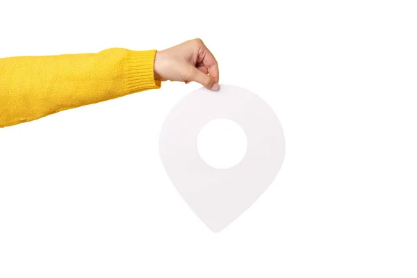 ホワイトマップポインタ3Dピン 白地に手で隔離された位置記号 — ストック写真