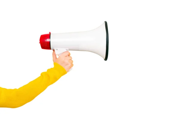 Megaphone Hand Isolated White Background Attention Concept Announcement — Stock Photo, Image