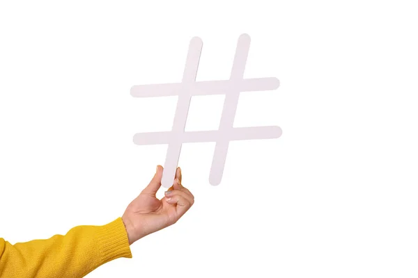 Hand Holding Big White Hash Sign Hashtag Symbol Internet Trends — Stock Photo, Image