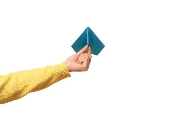 Woman Hand Holding Blue Paper Airplane Isolated White Background Freedom — Stock Photo, Image