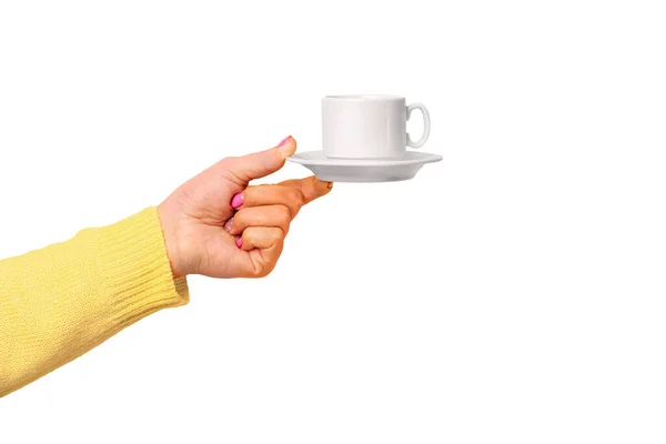 Weibliche Hand Hält Tasse Kaffee Isoliert Auf Weißem Hintergrund — Stockfoto