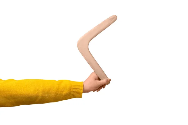 Bumerang Beyaz Arka Planda Izole Edilmiş Bir Kadın Elinde — Stok fotoğraf