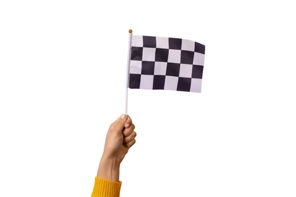 Bandeira Checada Mão Isolada Fundo Branco — Fotografia de Stock