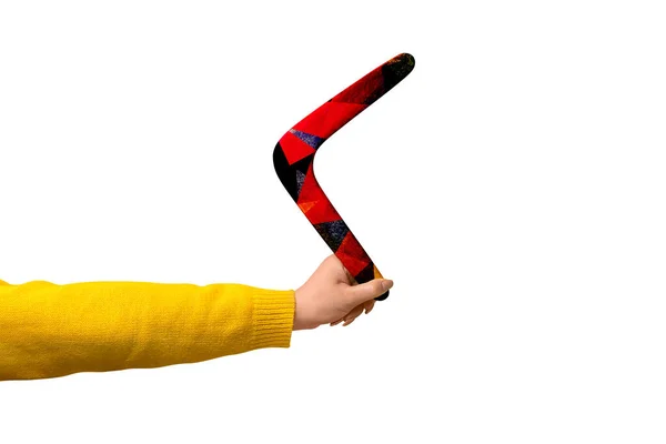 Bumerang Weiblicher Hand Isoliert Auf Weißem Hintergrund — Stockfoto