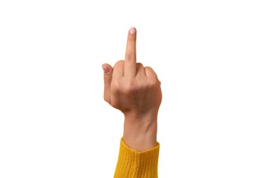 Middle finger, offensive gesture. Fuck you concept isolated on white background