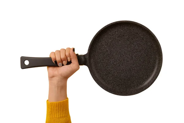Granite Pan Pancakes Hand Isolated White Background — Stock Photo, Image