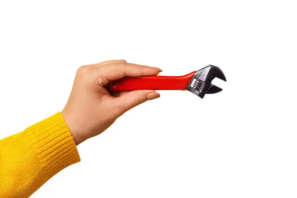 Red Wrench Female Hand Isolated White Background Master Tool — Stock Photo, Image