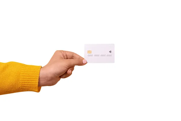 Kézben Tartó Üres Fehér Hitelkártya Mockup Kártya Elektronikus Chip Izolált — Stock Fotó