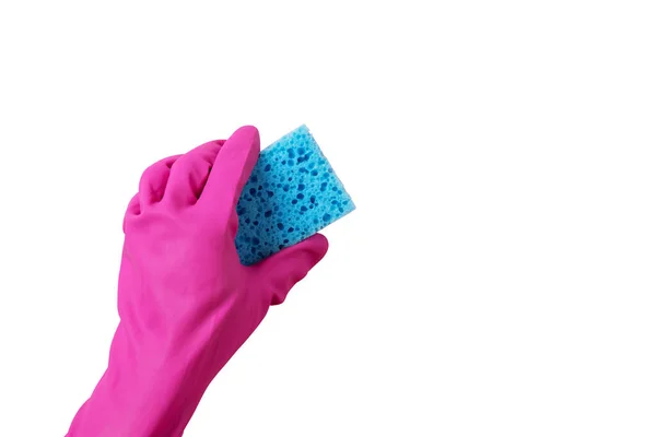 Una Mano Guante Goma Rosa Sostiene Una Esponja Lavado Azul — Foto de Stock